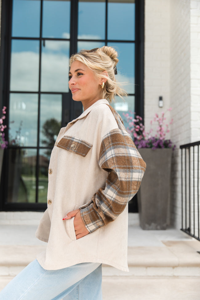 Talking My Language Beige and Brown Plaid Sleeve Shacket FINAL SALE Discount Big Sale