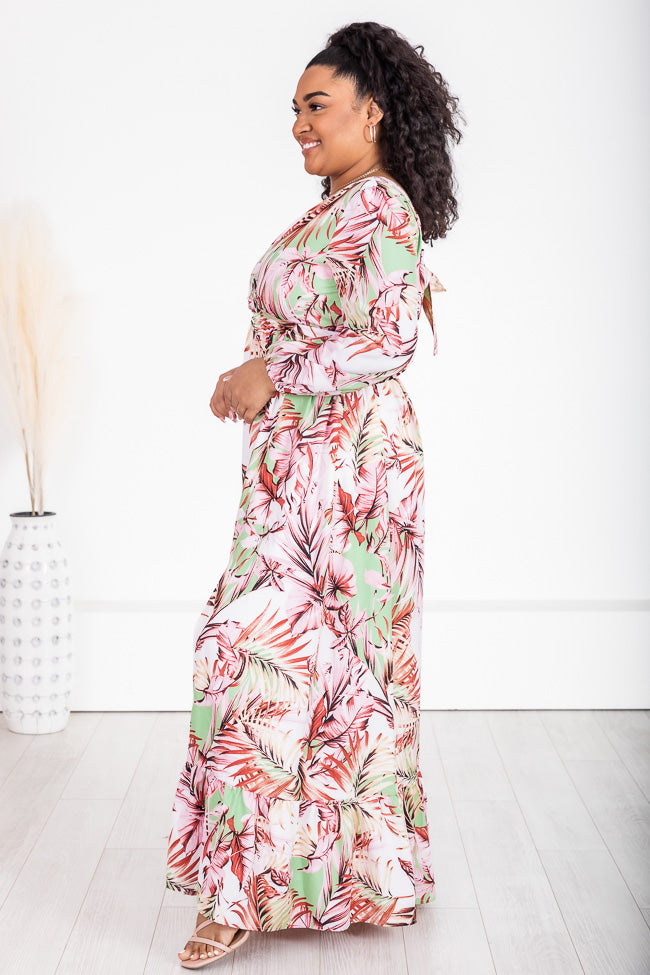 Where I Want To Be Pink and Green Tropical Printed Long Sleeve Maxi Dress FINAL SALE Free Shipping Cheap