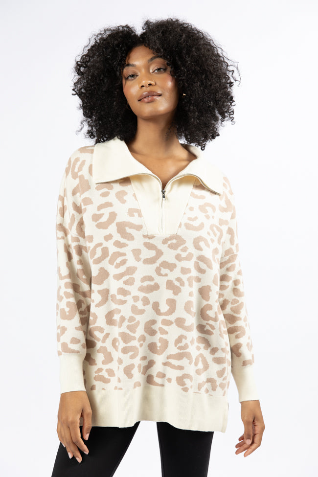 Pulling Heartstrings Tan And Cream Leopard Quarter Zip Pullover SALE Best Place Online