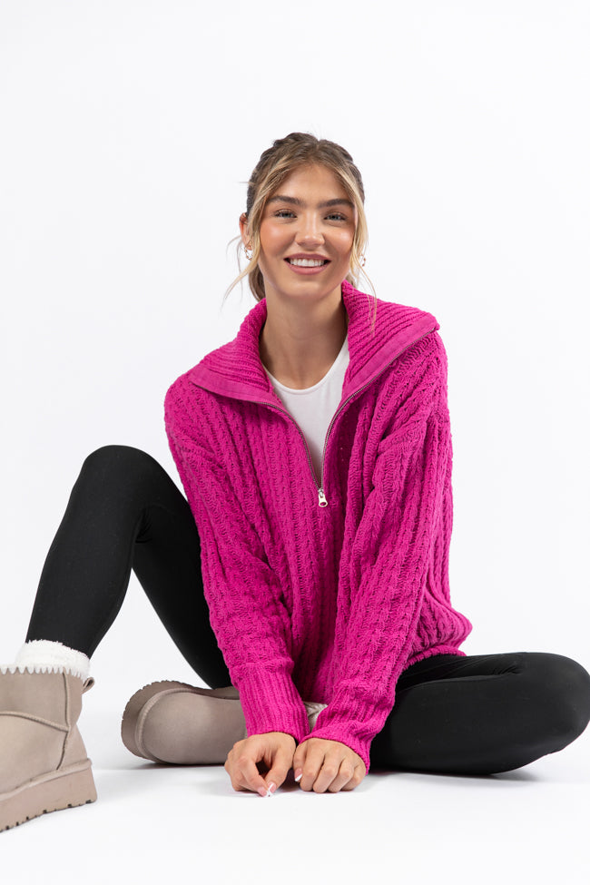 Forever Yours Magenta Cable Knit Chenille Quarter Zip Sweater SALE Free Shipping Classic