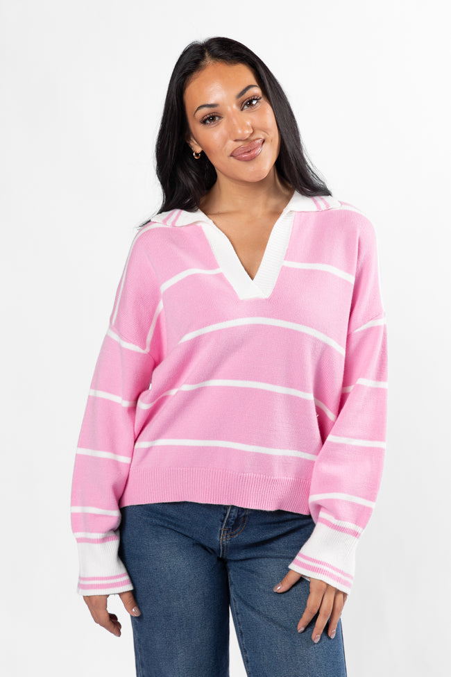 Imagine That Pink Striped Collared Sweater Free Shipping Hot Sale