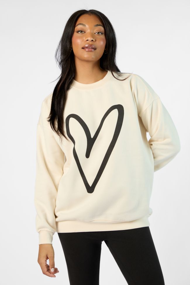 Black Heart Sketch Cream Oversized Graphic Sweatshirt Clearance Hot Sale