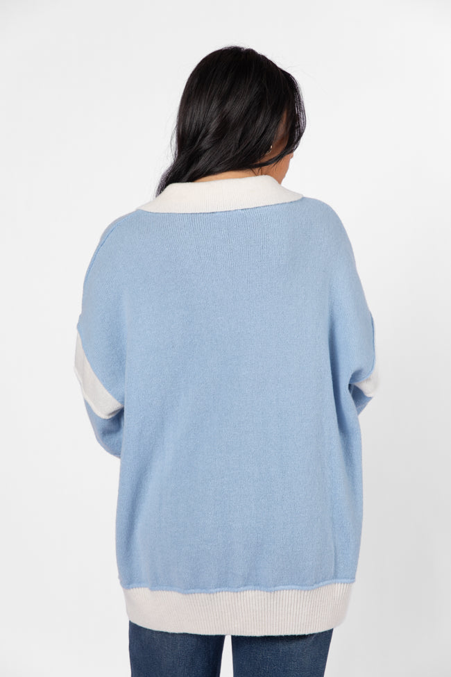 Think About It Sky Blue Collared Oversized Sweater Pre Order Online