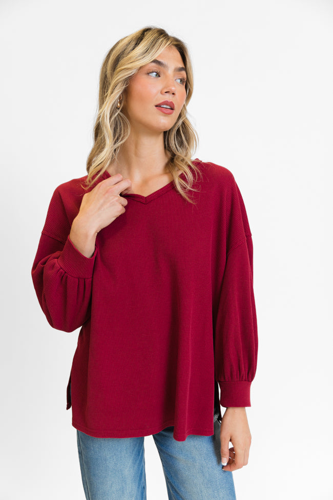 Sending Love Burgundy Oversized Waffle V-Neck Top FINAL SALE Buy Cheap Looking For