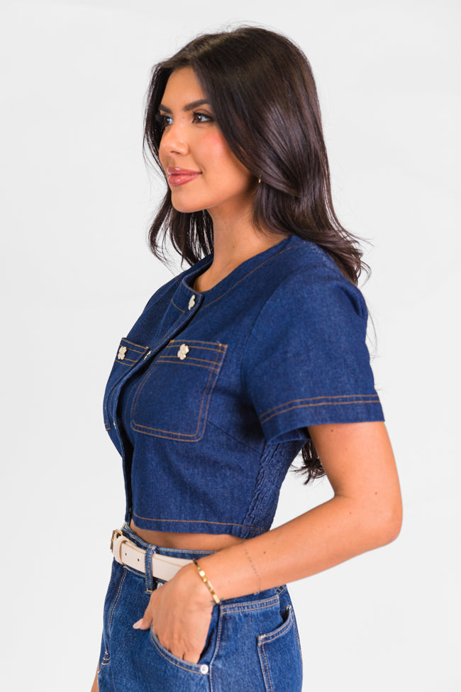 Little Details Dark Wash Denim Button Front Crop Blouse FINAL SALE Cost Online