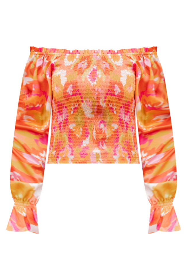 Just A Moment Orange Floral Print Off The Shoulder Blouse FINAL SALE Official Online