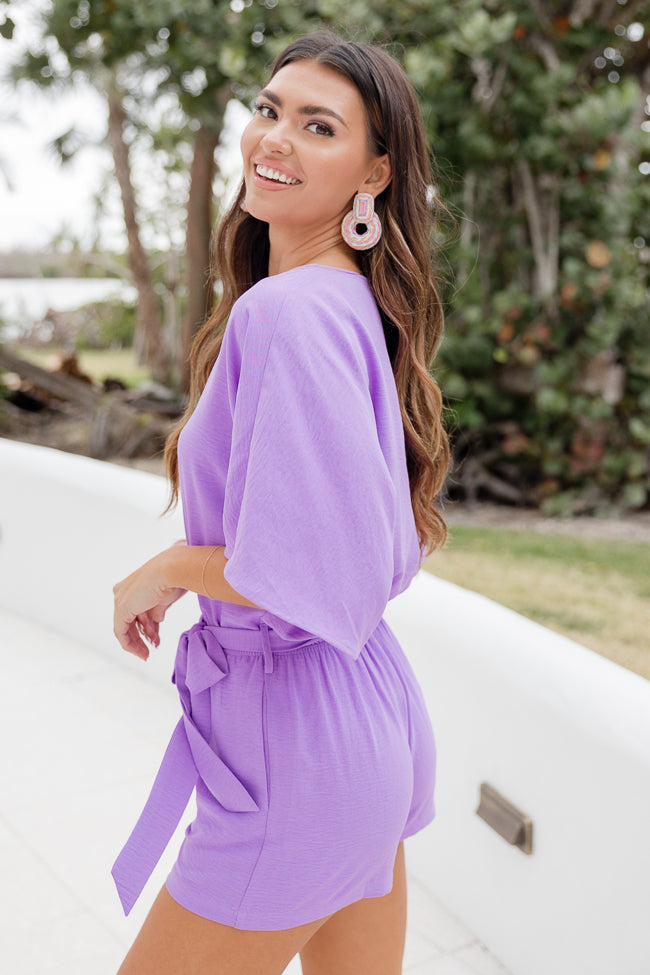 Full Of Sunshine Purple Solid Tie Belt Romper Sale Geniue Stockist