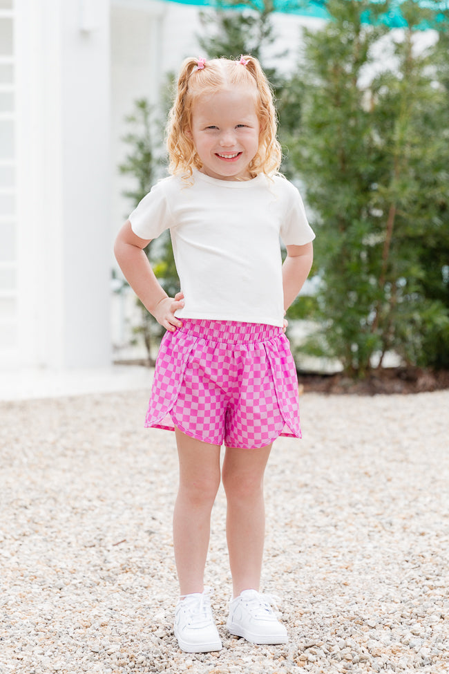 Kid's Errands To Run Pink Checkered High Waisted Athletic Shorts