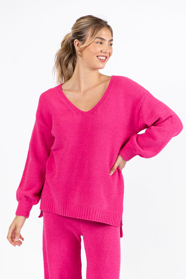 Cozy For Keeps Hot Pink V-Neck Sweater SALE Online Online High Quality