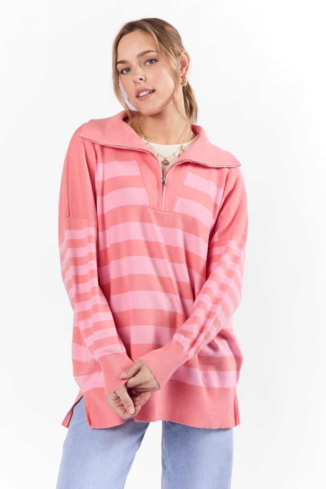 Pulling Heartstrings Coral Multi Stripe Quarter Zip Pullover Buy Cheap Hot Sale