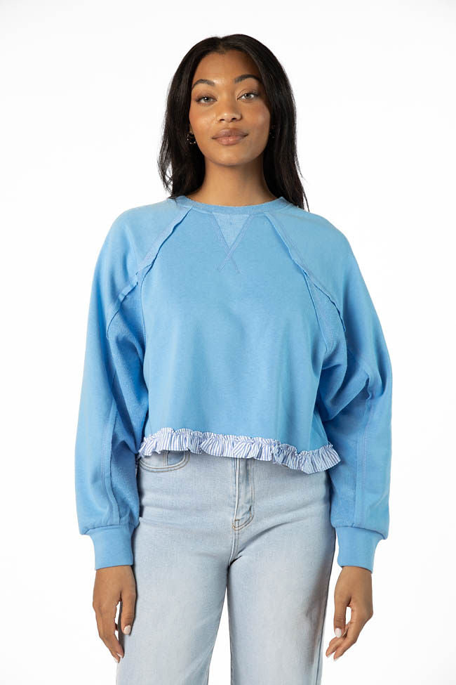 Away We Go Cropped Blue Stripe Ruffle Hem Crew Neck Sweatshirt Wholesale Pice Cheap Pice