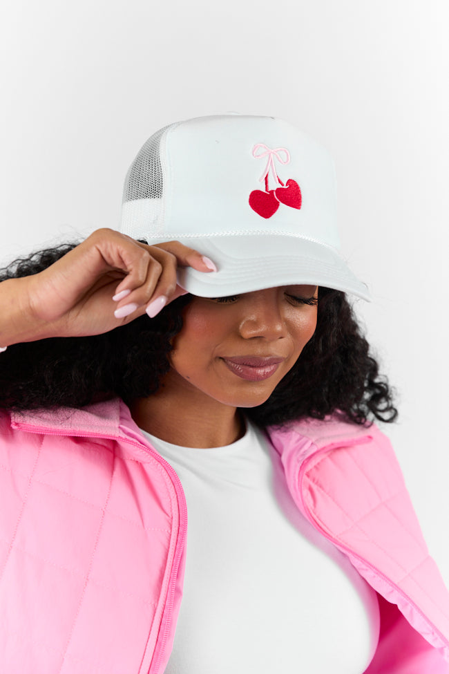 Bow Cherries White Trucker Hat FINAL SALE Cheap Discounts