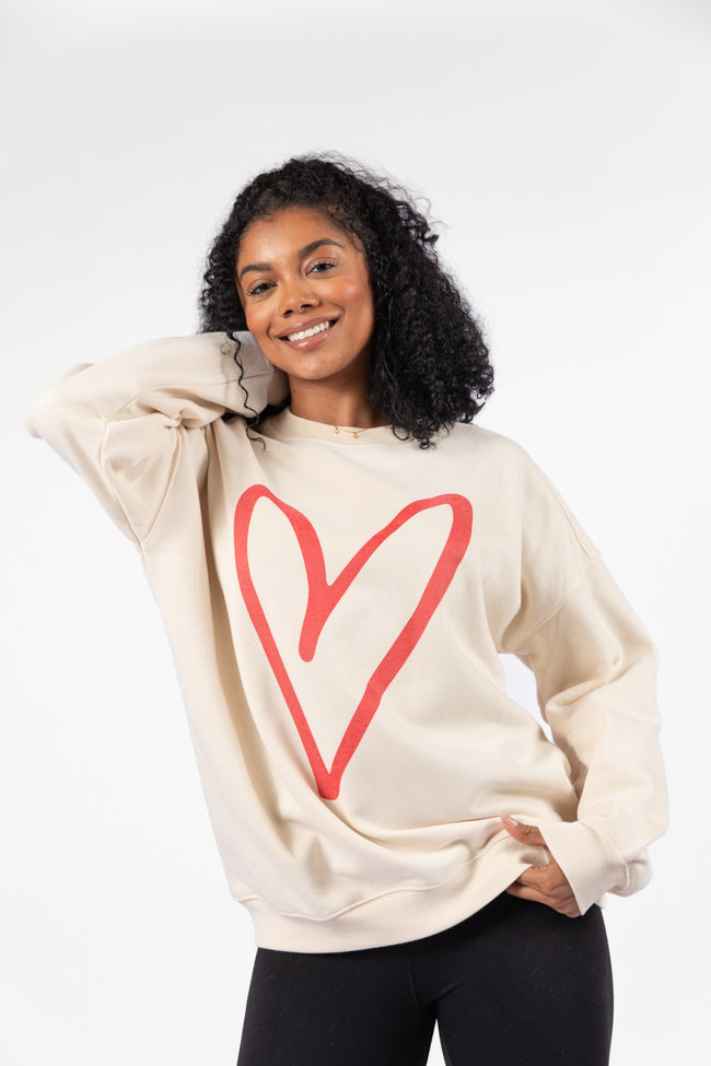 Red Heart Sketch Cream Oversized Graphic Sweatshirt Marketable For Sale