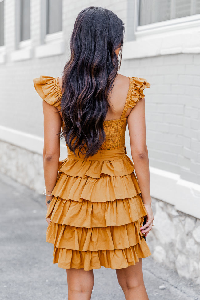 Still Have Time Mustard Tiered Ruffle Belted Mini Dress FINAL SALE Free Shipping Finishline