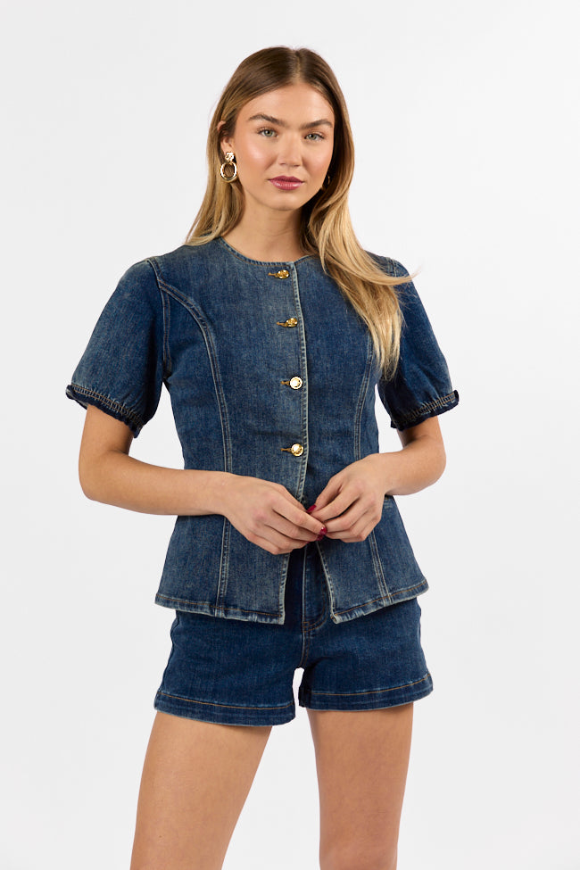 Come As You Are Dark Wash Puff Sleeve Denim Button Down Blouse Looking For For Sale