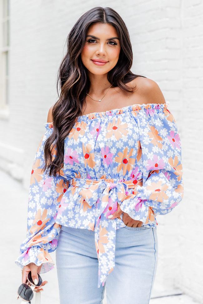 Off The Path Blue Off The Shoulder Belted Blouse FINAL SALE Clearance Cost