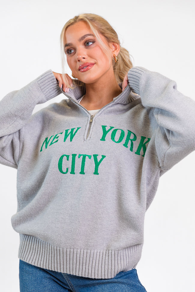 Roll With It Grey and Green New York Embroidered Quarter Zip Sweater FINAL SALE Outlet New Styles