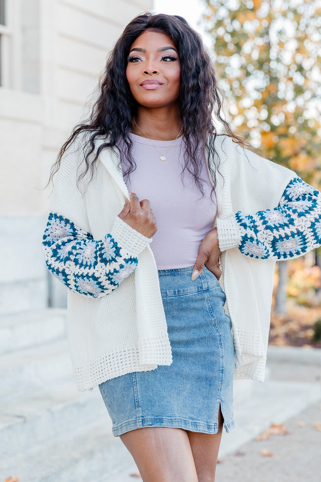 Be Better Ivory and Blue Crochet Sleeve Hooded Cardigan FINAL SALE Very Cheap Sale Online