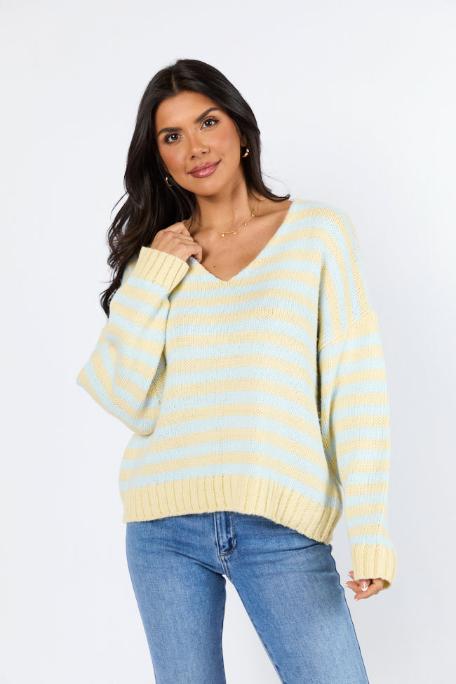 Wait A Minute Yellow and Blue Multi Striped V-Neck Sweater Sale Explore