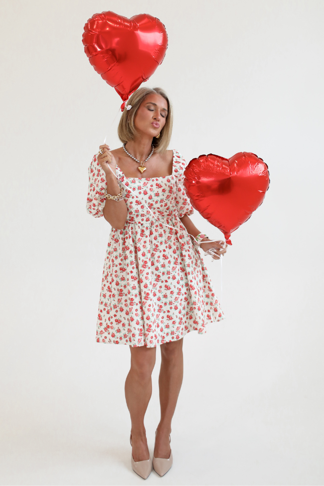 I'm Just A Girl Ivory and Red Rosette Printed Mini Dress Kalee Rogers X Pink Lily FINAL SALE