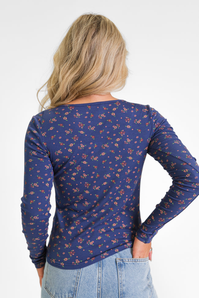 Best In Bloom Navy Ribbed Floral Henley Top FINAL SALE On Hot Sale