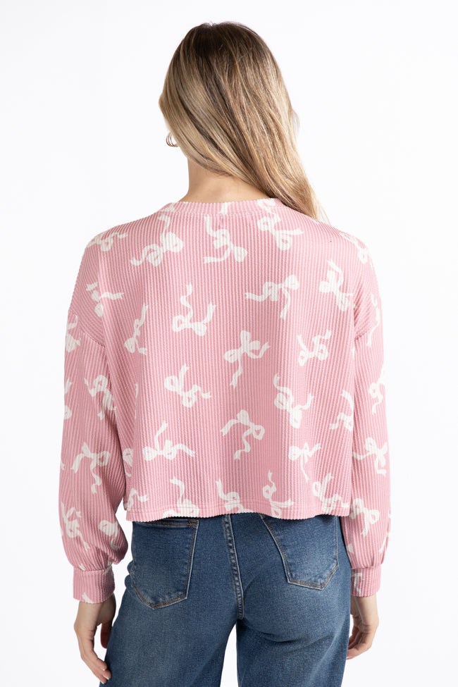 Secret Gardens Pink Bow Ribbed Printed Top FINAL SALE Cheap Footlocker