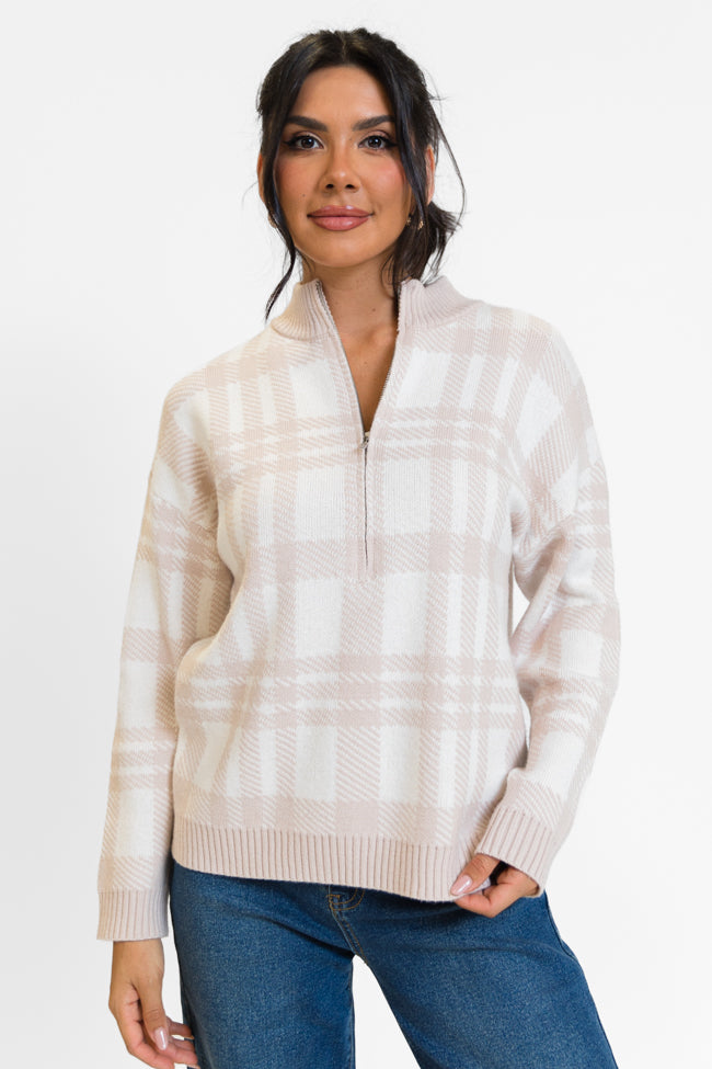 Make It Count Beige Plaid Printed Quarter Zip Pullover SALE Comfortable