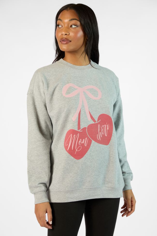 Mon Cheri Light Grey Oversized Graphic Sweatshirt Clearance Fashionable