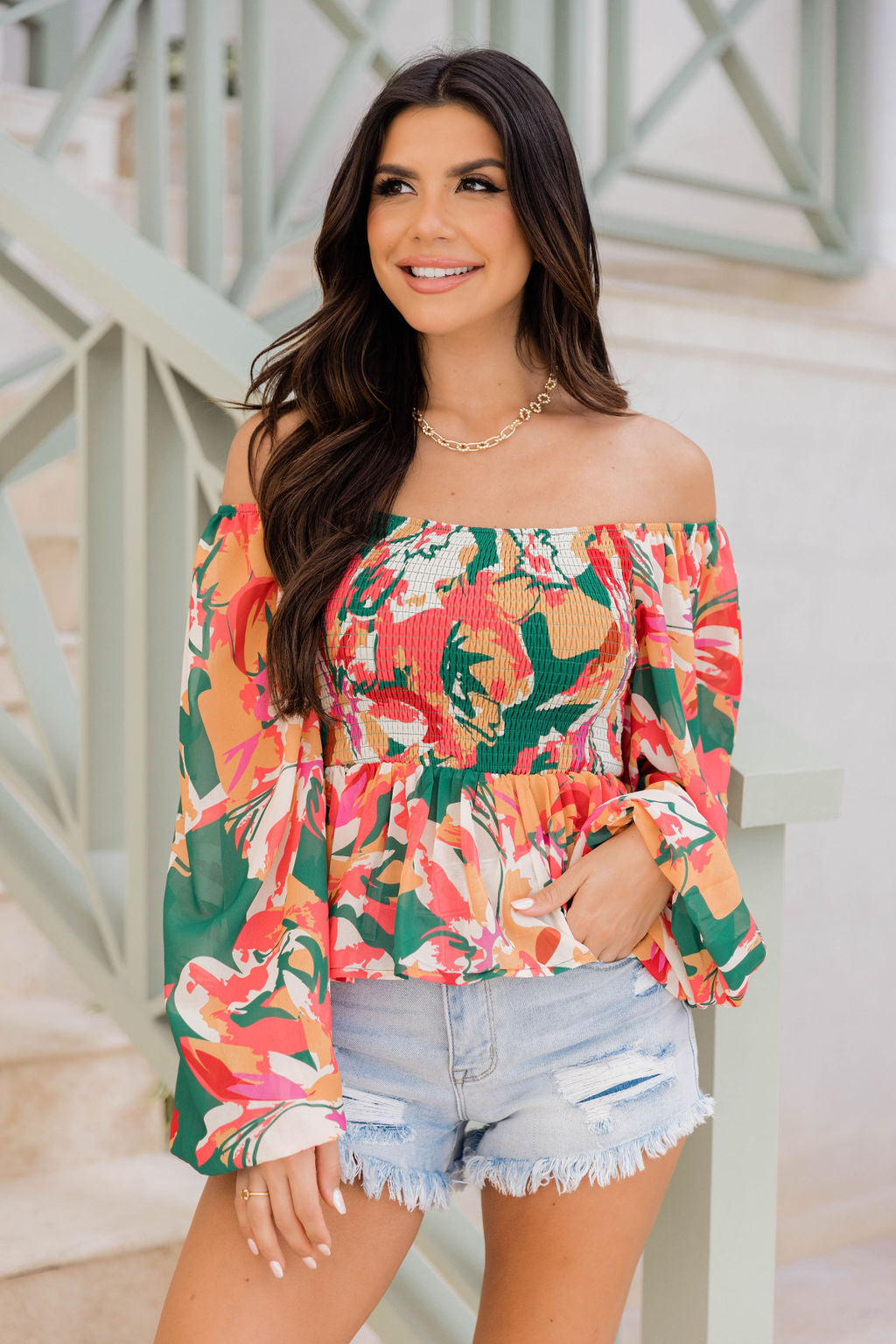 Take Me There Green Smocked Bust Floral Blouse FINAL SALE Free Shipping Cheap