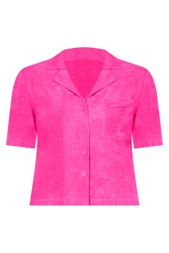 Girls Just Wanna Have Fun Dark Pink Button Up Terry Lounge Top FINAL SALE Outlet For Sale