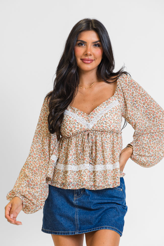 In My Dreams Ivory and Brown Lace Trim Floral Blouse FINAL SALE Sale Cost