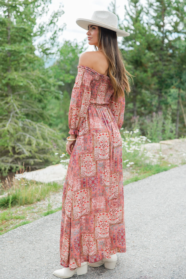 Sounds In My Mind Brick Off The Shoulder Printed Maxi Dress FINAL SALE Authentic For Sale