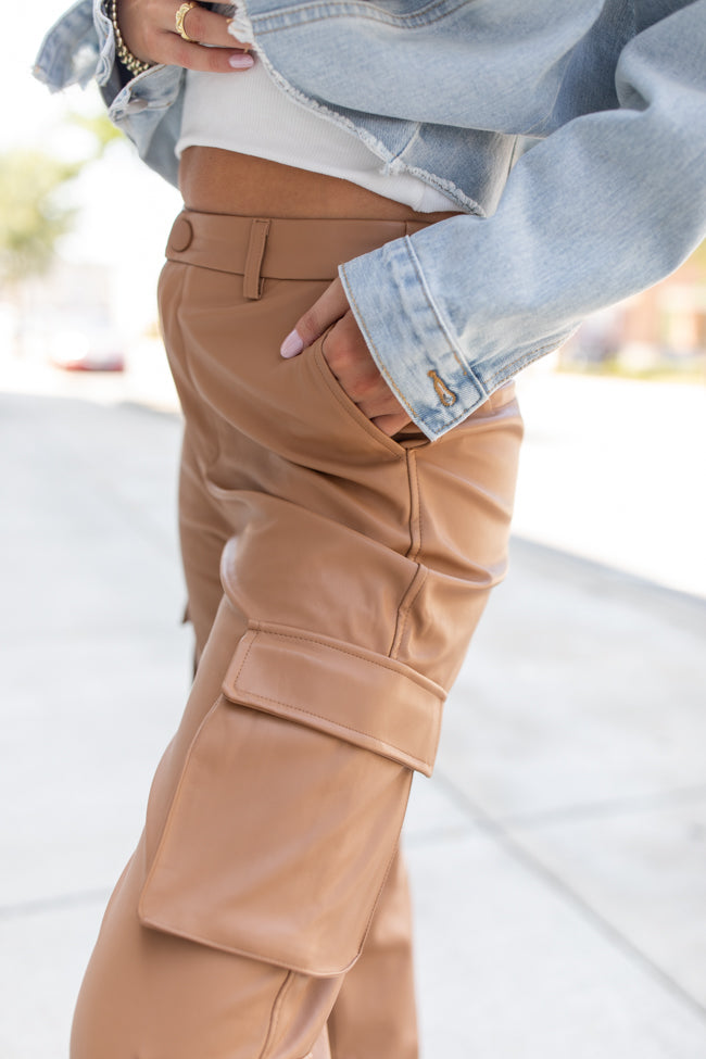 Follow My Lead Camel Faux Leather Cargo Pants FINAL SALE Outlet Footlocker Finishline