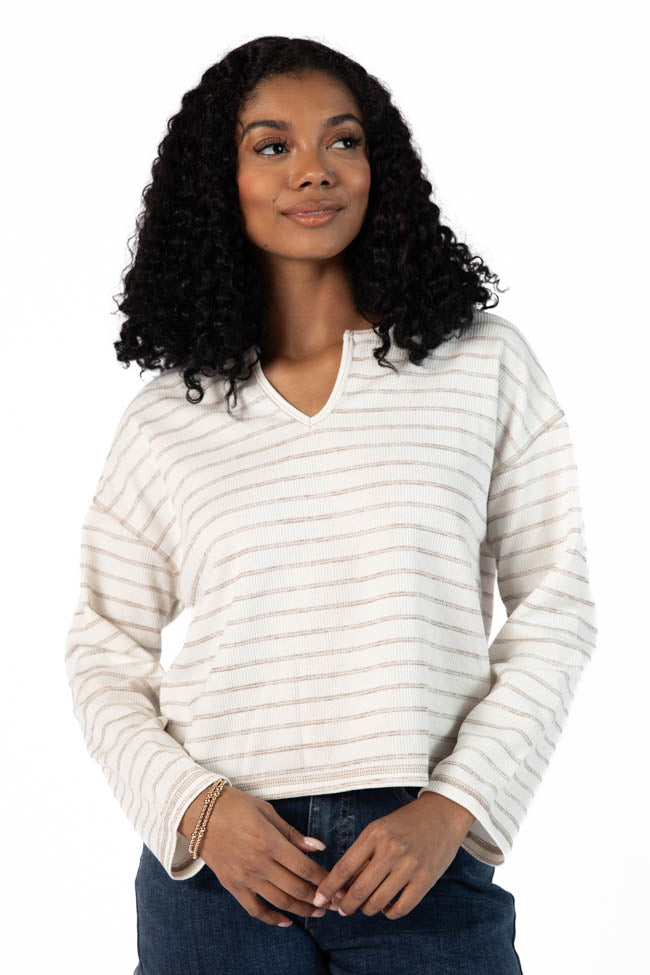 Many Beginnings Cream and Beige Striped Notched Neck Tee Outlet Countdown Package