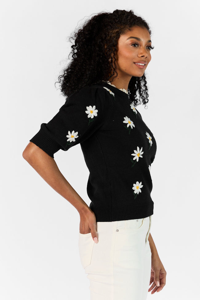 Around The Garden Black Floral Embroidered Lace Trim Short Sleeve Sweater Cheap Nicekicks