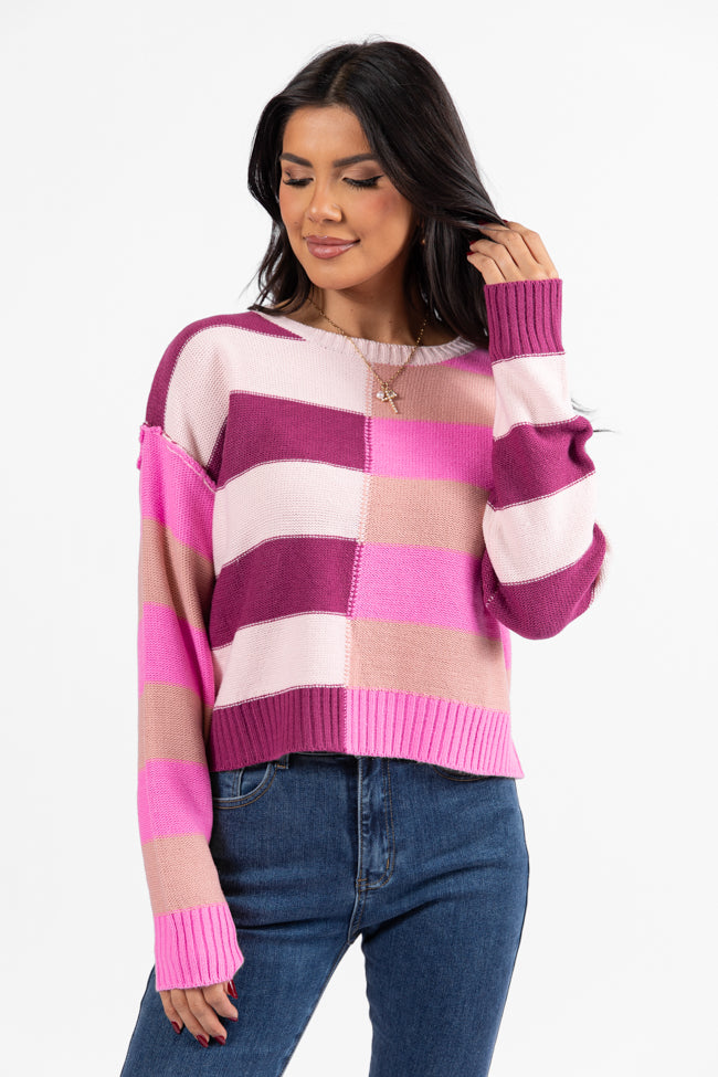 Take Your Time Pink and Berry Multi Color Block Striped Crop Sweater SALE Clearance Geniue Stockist