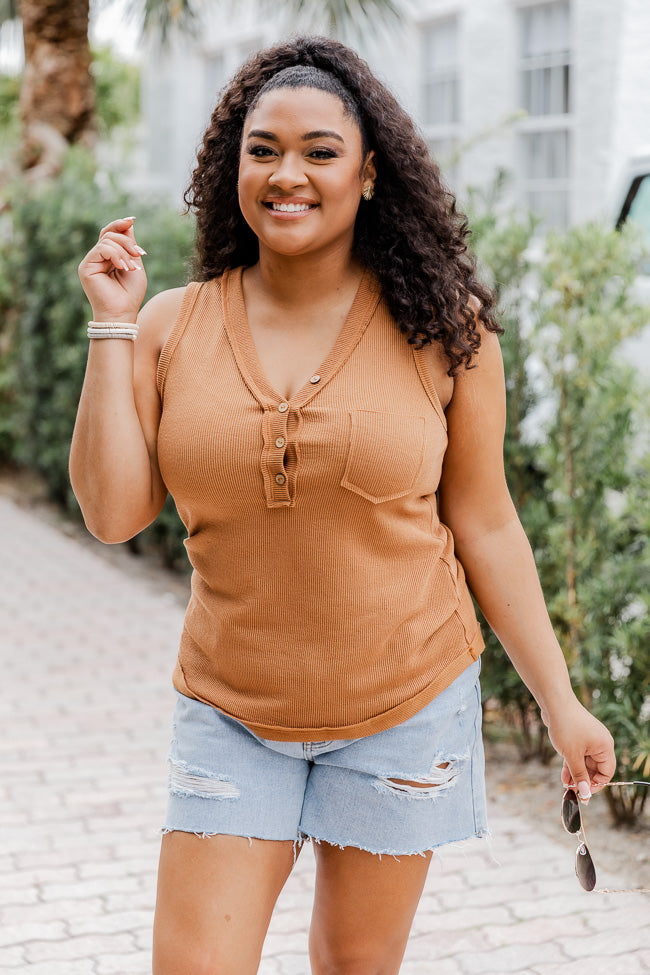 Play The Part Brown Textured Henley Tank FINAL SALE Inexpensive Cheap Online