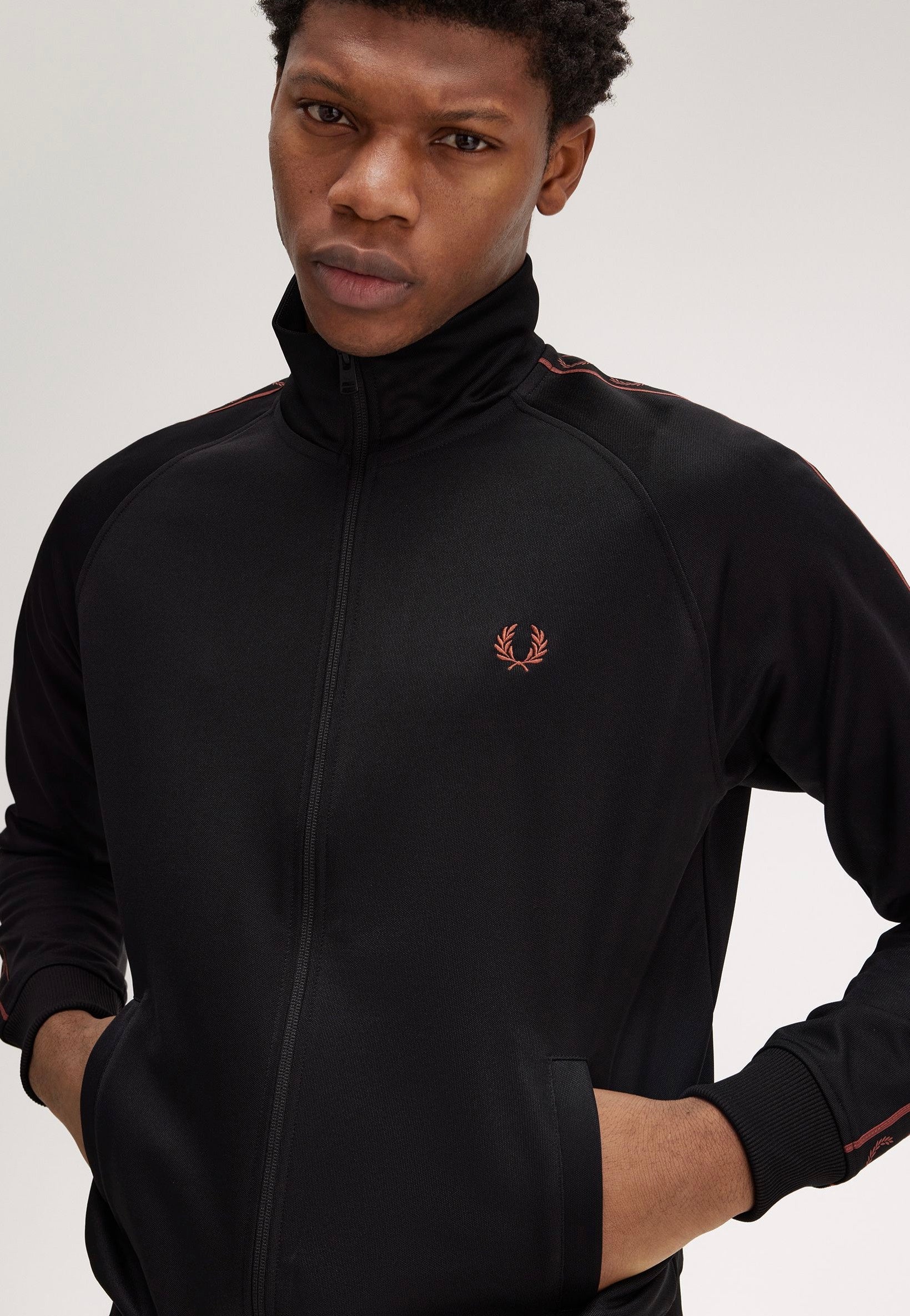 Fred Perry - Contrast Tape Track Black/Whisky Brown - Track Jacket Discount Fashion Style