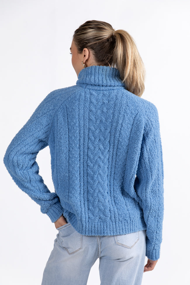 Snow Place Like Home Blue Fuzzy Cable Knit Turtleneck Sweater FINAL SALE Free Shipping