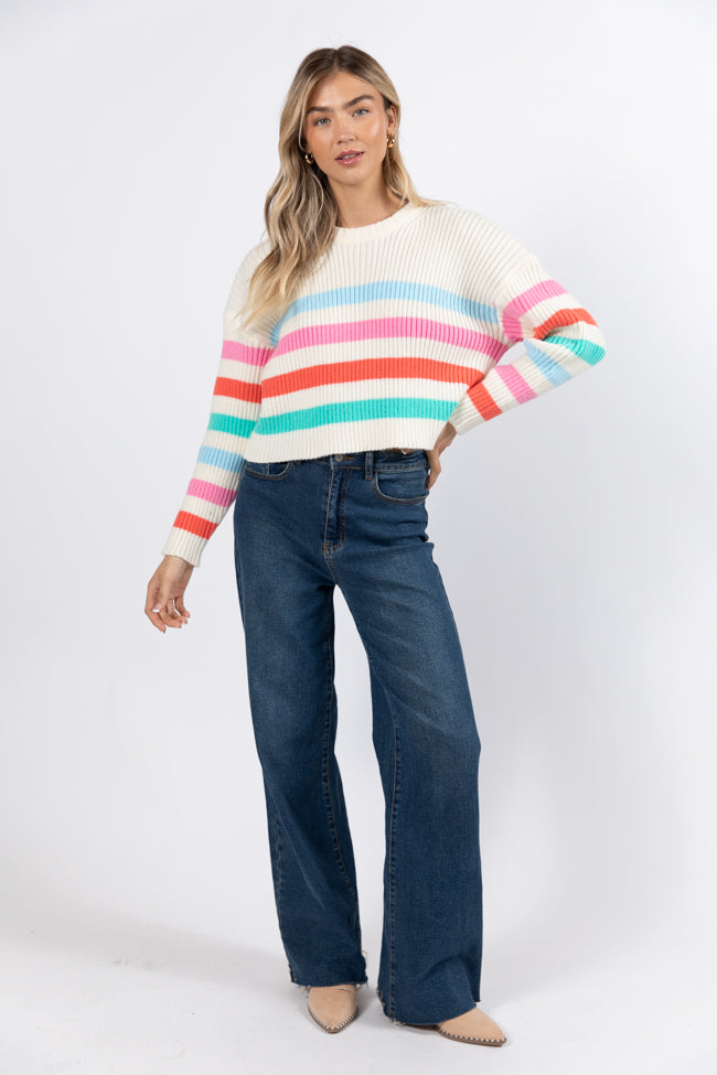 I'm Just Thinking Multi Color Stripe Hem Crew Neck Sweater FINAL SALE