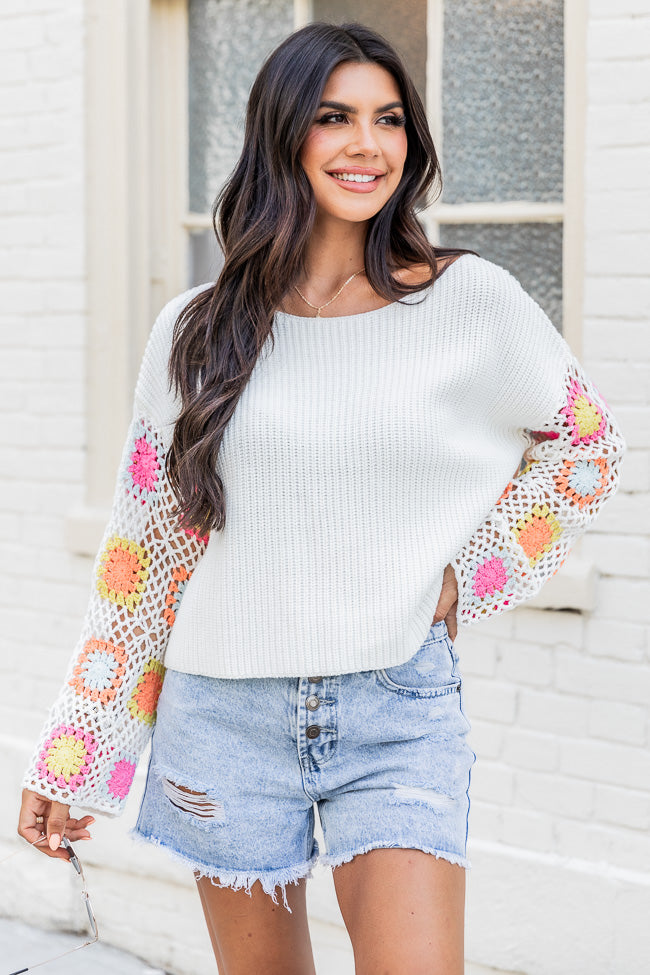 Something To Tell Ivory Bright Multi Crochet Sleeve Sweater  FINAL SALE Buy