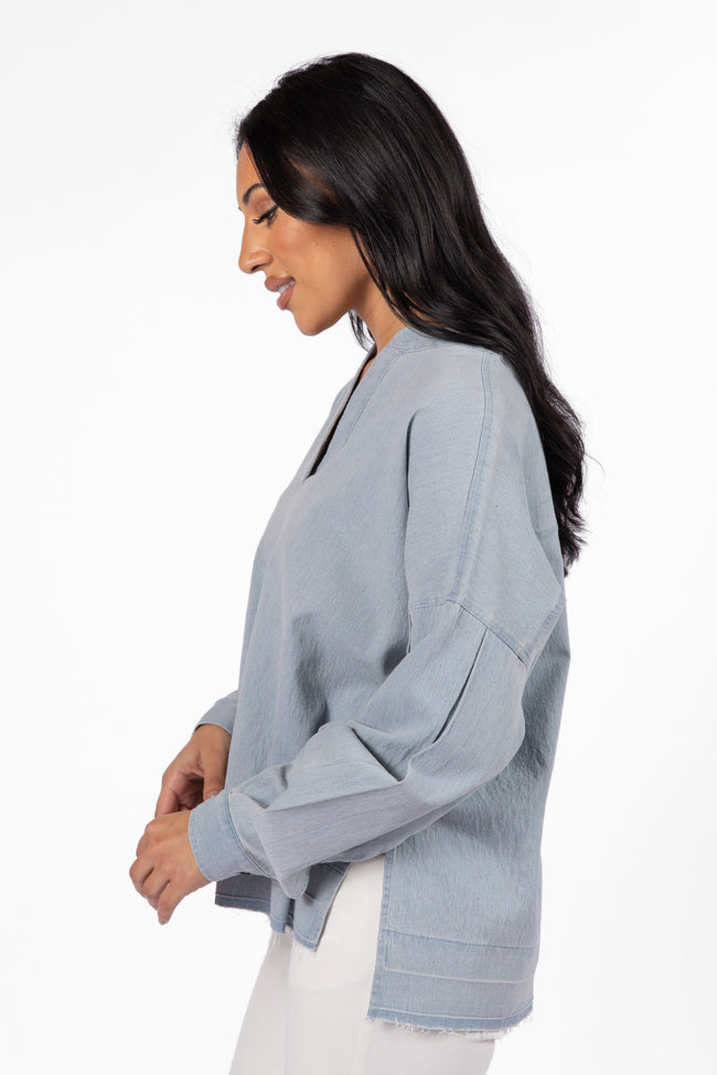 Before Daylight Light Wash Chambray Blouse Discount Online