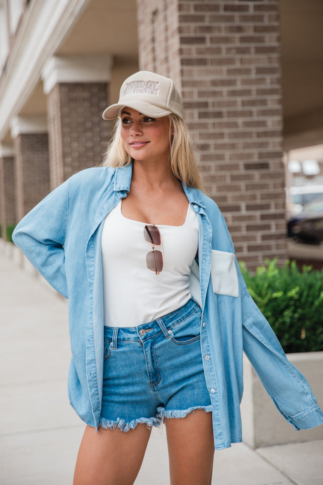 Talk It Over Waffle Detail Chambray Button Front Blouse SALE Cheap Sale Footlocker Finishline