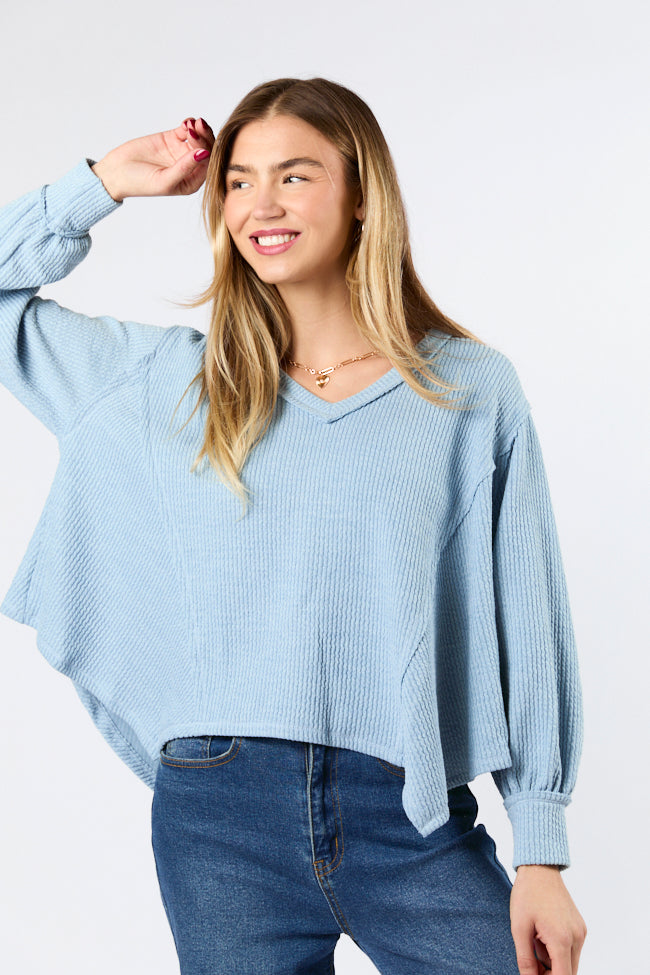 Never Say Never Dusty Blue Ribbed Knit V-Neck Long Sleeve Top Buy Cheap Low Cost