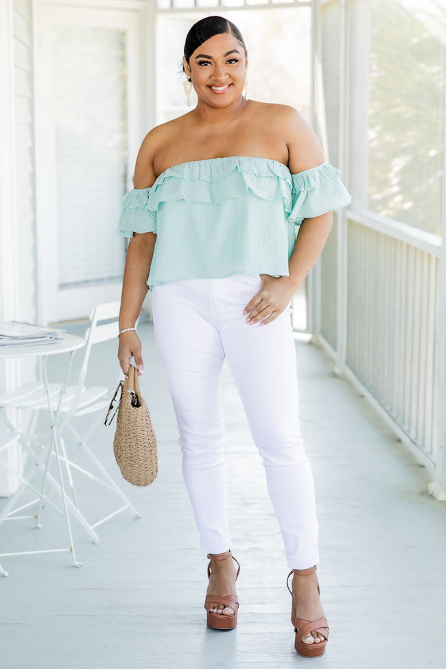 Gentle Waves Sage Ruffle Detail Off The Shoulder Top FINAL SALE Low Cost Cheap Online