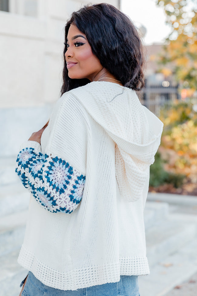 Be Better Ivory and Blue Crochet Sleeve Hooded Cardigan FINAL SALE Very Cheap Sale Online