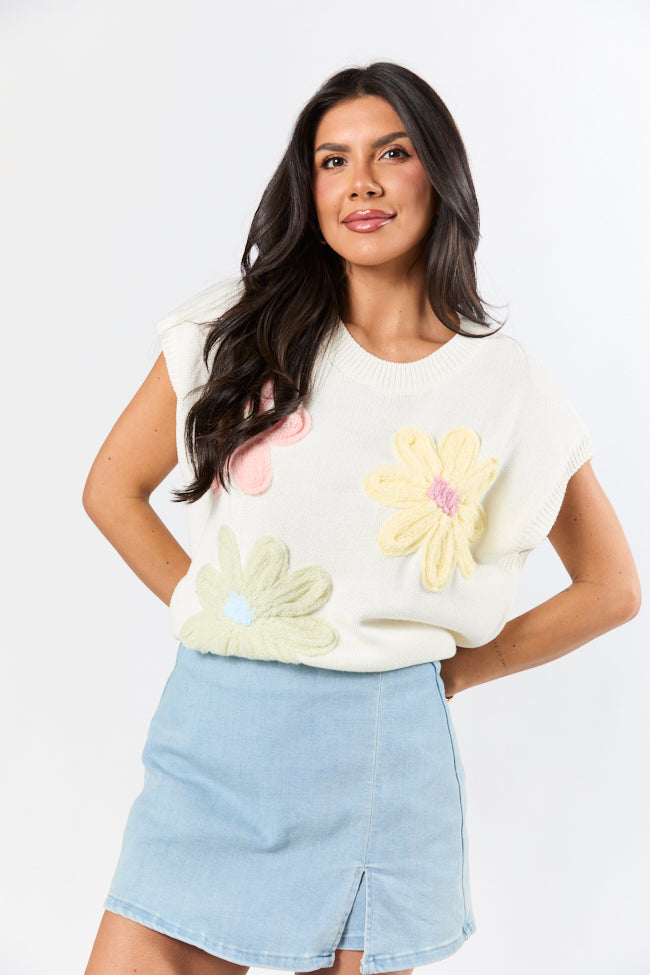 Blooming Joy Ivory Multi Flower Embroidered Short Sleeve Sweater Cheap High Quality