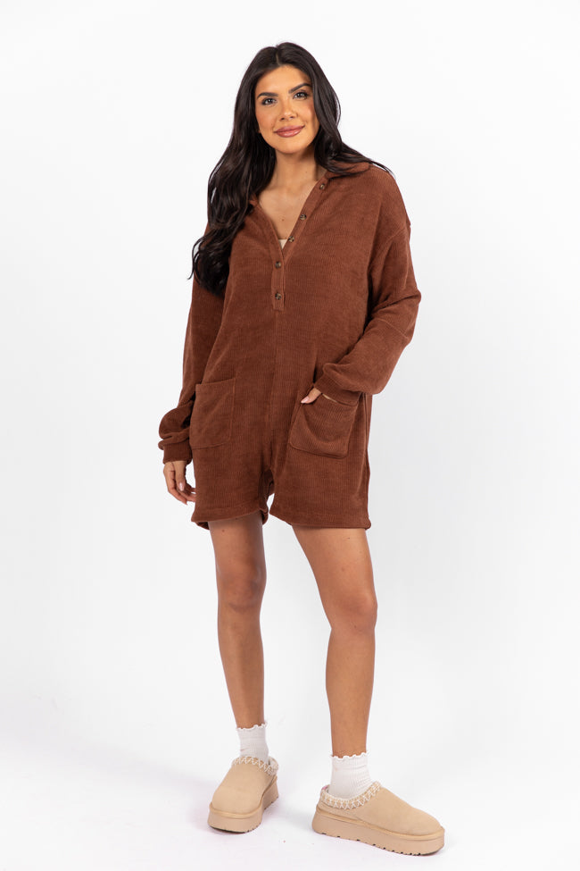 Now Or Never Chestnut Chenille Button Front Romper Cheap Discounts