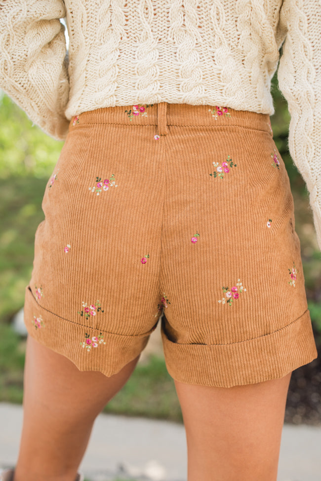 So Glad We're Buds Brown Floral Embroidered Corduroy Shorts FINAL SALE