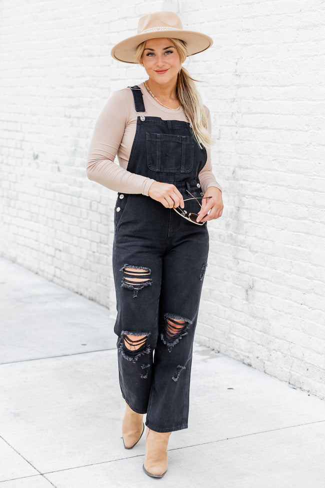 Light Up Your Life Black Distressed Straight Leg Overalls Cheap Cheap Online